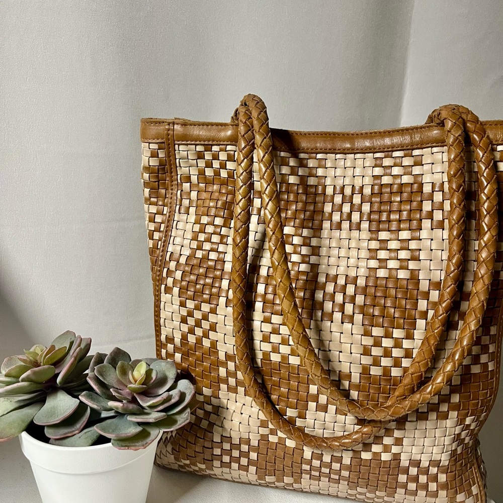 Bembien Woven Leather Tote Bag in Brown & Cream Check